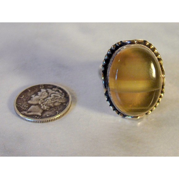 Vintage Sterling Silver Large Oval Banded Agate Ring , Ring Size 8 - Picture 4 of 5